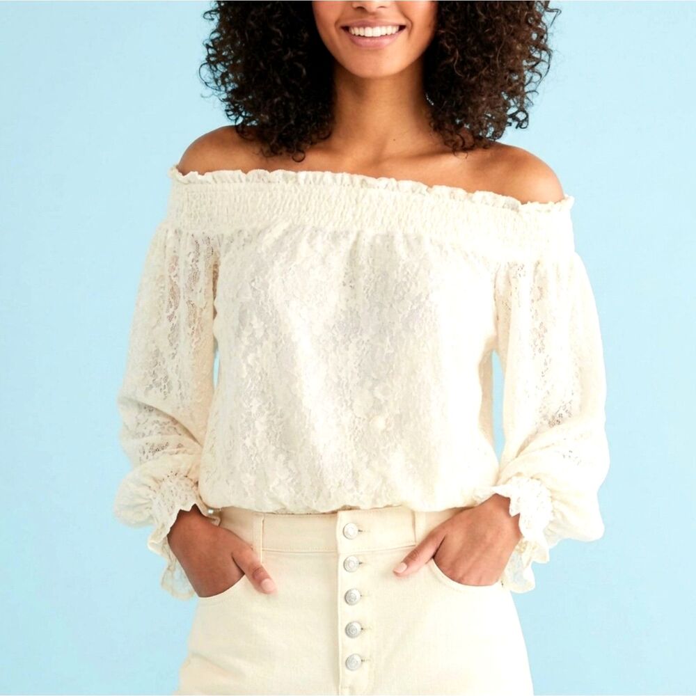 FREE PEOPLE Top Crop Shirt Lace Off Shoulder Cream/White Emily Women Medium NWT
